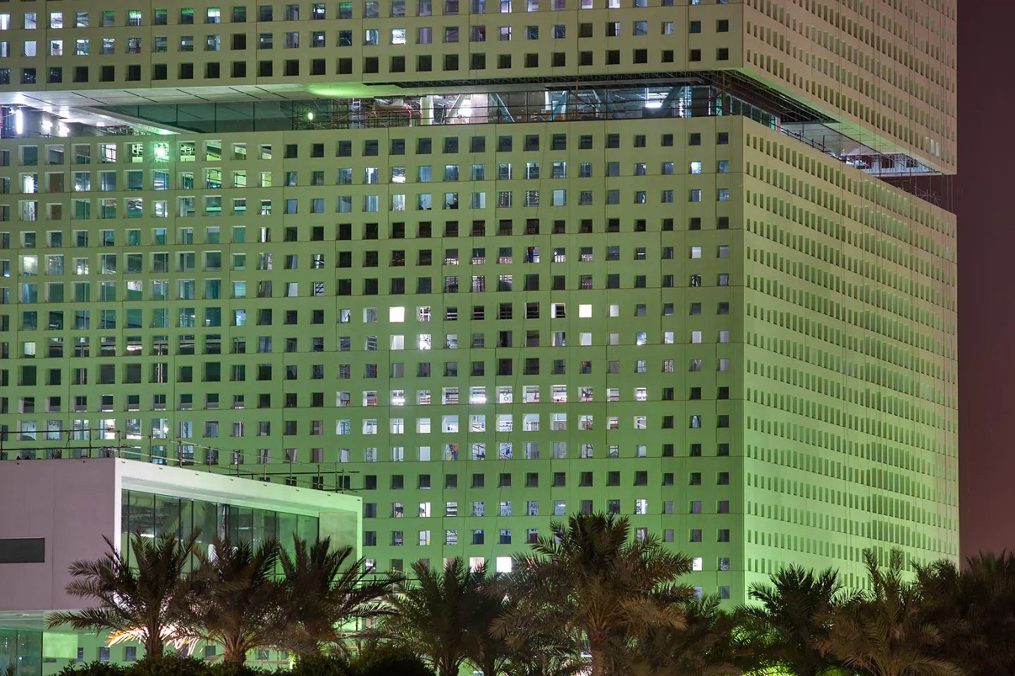 Qatar Foundation headquarters lit at night in Education City